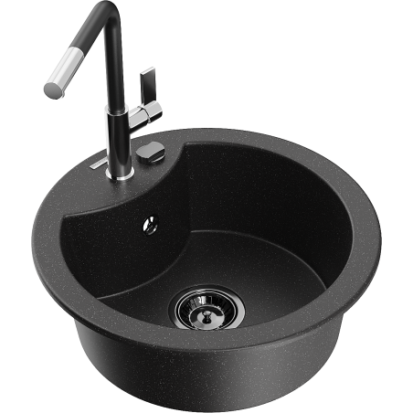 Mexen Diego 1-bowl Granite Sink with Flora Kitchen Tap, Black/Silver Metallic - 6512-73-670401-07-B