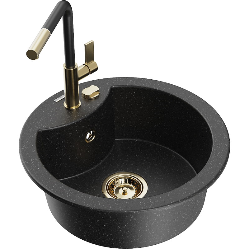 Mexen Diego évier de cuisine en granit 1 bac avec robinet Flora, noir/métallisé argent - 6512-73-670401-57-G
