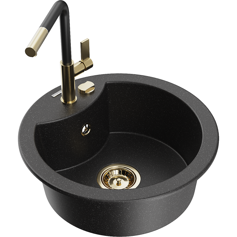 Mexen Diego lava-loiça de granito 1-cuba com torneira de cozinha Flora, preto/metálico prateado - 6512-73-670401-57-G