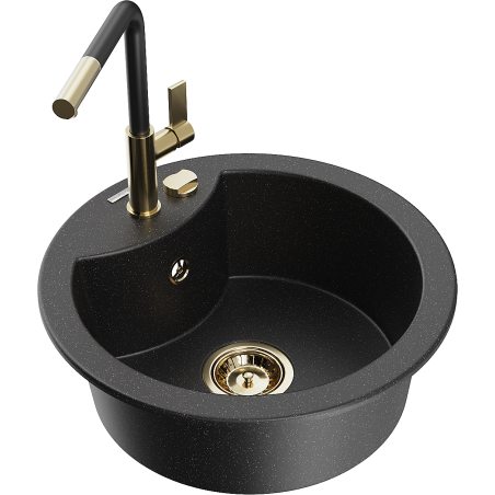 Mexen Diego granieten spoelbak 1-komorige met keukenkraan Flora, zwart/zilver metallic - 6512-73-670401-57-G