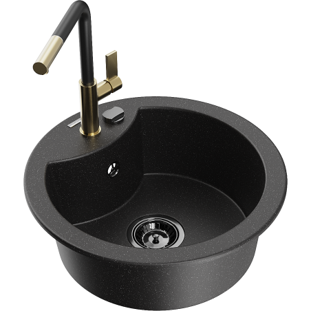 Mexen Diego Granitspüle 1 Becken mit Küchenarmatur Flora, Schwarz/Silber Metallic - 6512-73-670401-57-B