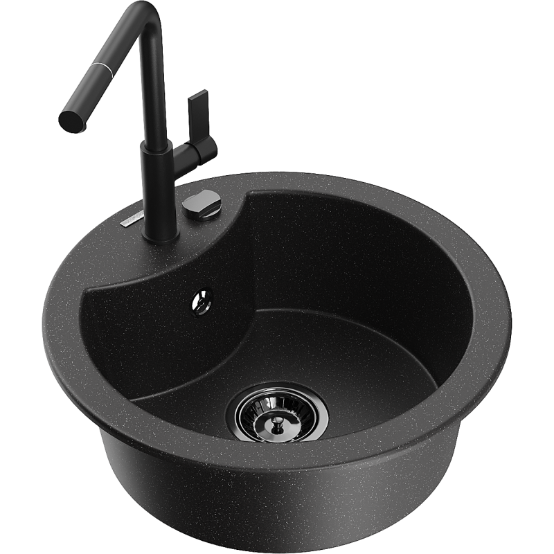 Mexen Diego Granitspüle 1-beckig mit Küchenarmatur Flora, schwarz/silber metallic - 6512-73-670401-70-B