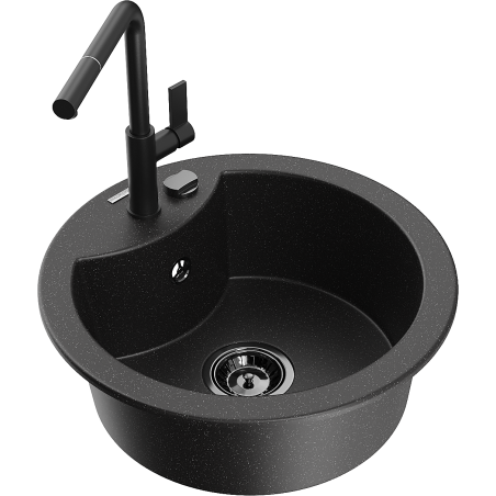 Mexen Diego Granitspüle 1-beckig mit Küchenarmatur Flora, schwarz/silber metallic - 6512-73-670401-70-B