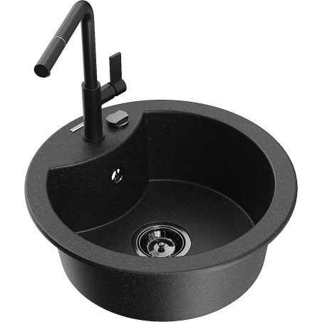 Mexen Diego single-bowl granite sink with Flora kitchen tap, black/silver metallic - 6512-73-670401-70-B