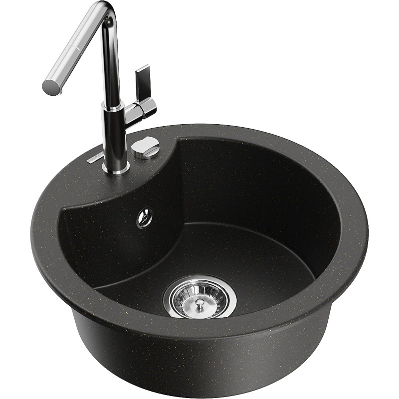 Mexen Diego fregadero de granito de 1 cámara con grifo de cocina Flora, negro/metalizado dorado - 6512-75-670401-00