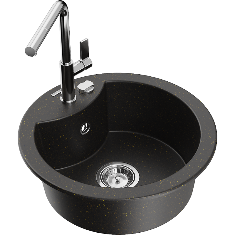 Mexen Diego fregadero de granito de 1 cubeta con grifo de cocina Flora, negro/dorado metálico - 6512-75-670401-00