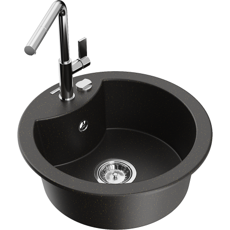 Mexen Diego single-bowl granite sink with Flora kitchen tap, black/gold metallic - 6512-75-670401-00