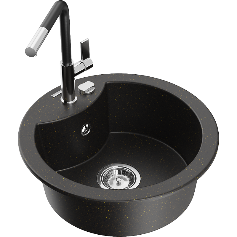 Mexen Diego fregadero de granito de 1 compartimento con grifo de cocina Flora, negro/dorado metálico - 6512-75-670401-07