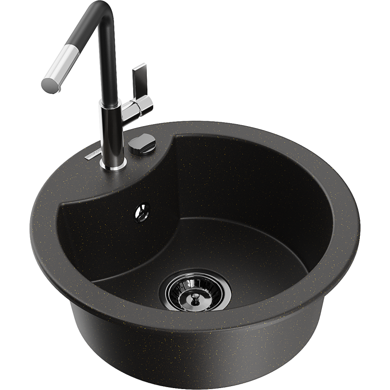 Mexen Diego fregadero de granito de 1 compartimento con grifo de cocina Flora, negro/metalizado dorado - 6512-75-670401-07-B
