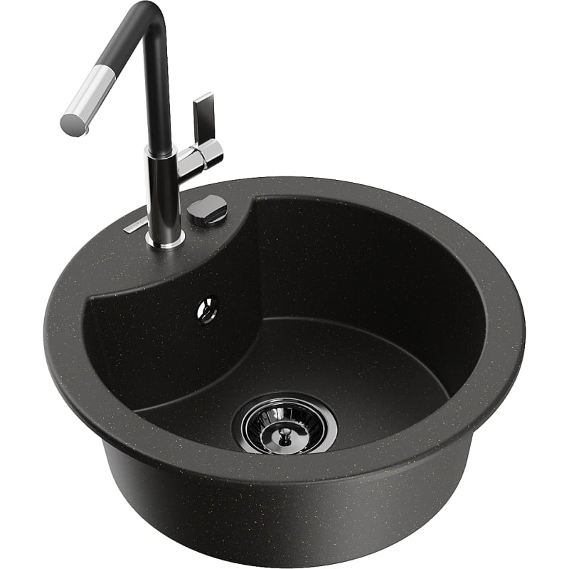 Mexen Diego Granitspüle einbecken mit Küchenarmatur Flora, schwarz/goldener Metallic - 6512-75-670401-07-B