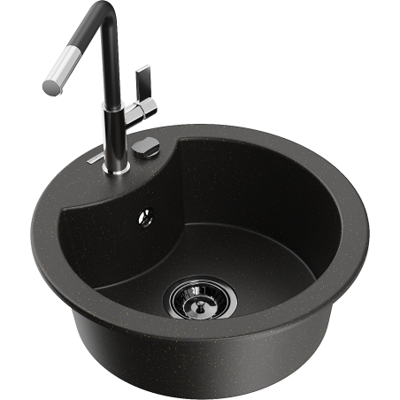 Mexen Diego 1-bowl granite sink with Flora kitchen tap, black/gold metallic - 6512-75-670401-07-B