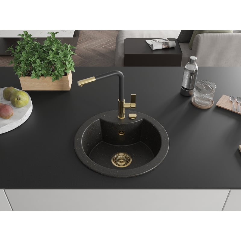 Mexen Diego Granitspüle 1-beckig mit Küchenarmatur Flora, schwarz/goldener Metallic - 6512-75-670401-57-G