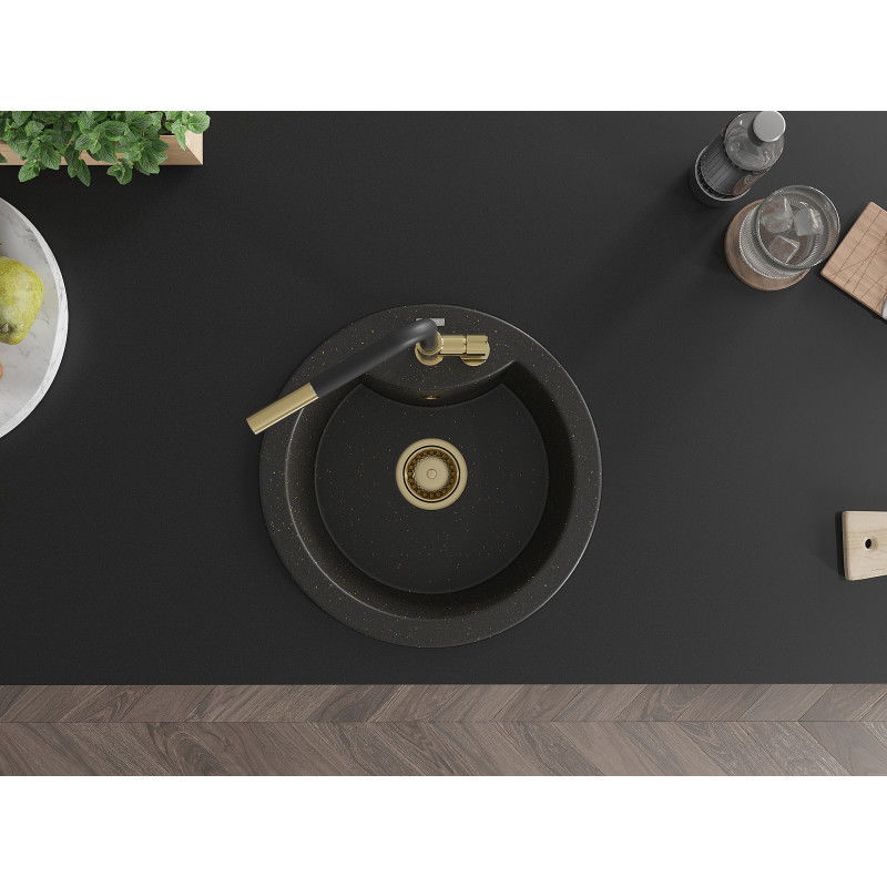 Mexen Diego granieten spoelbak met 1 bak en keukenkraan Flora, zwart/gouden metallic - 6512-75-670401-57-G