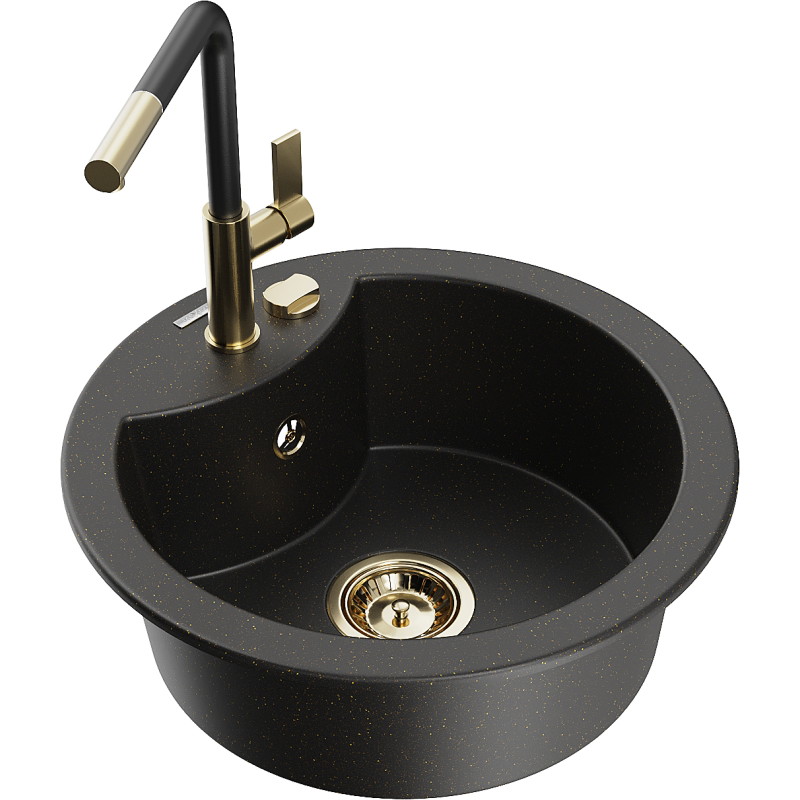 Mexen Diego granitische spoelbak met 1 bak en keukenmengkraan Flora, zwart/goud metallic - 6512-75-670401-57-G