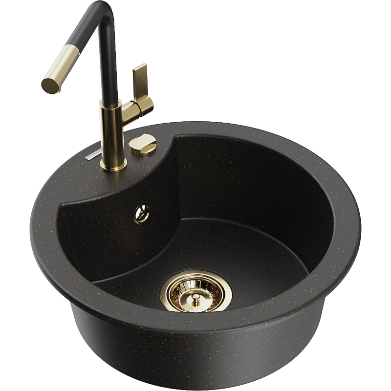 Mexen Diego single-bowl granite sink with Flora kitchen faucet, black/golden metallic - 6512-75-670401-57-G
