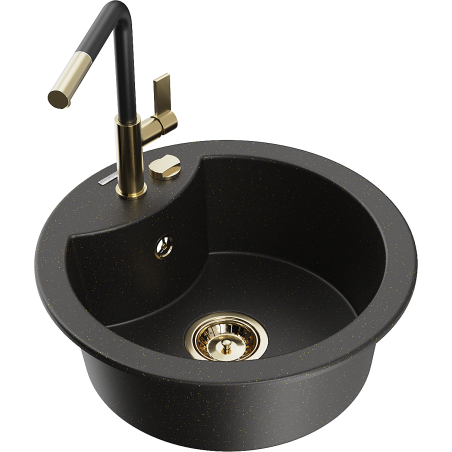 Mexen Diego fregadero de granito de 1 seno con grifo de cocina Flora, negro/dorado metálico - 6512-75-670401-57-G