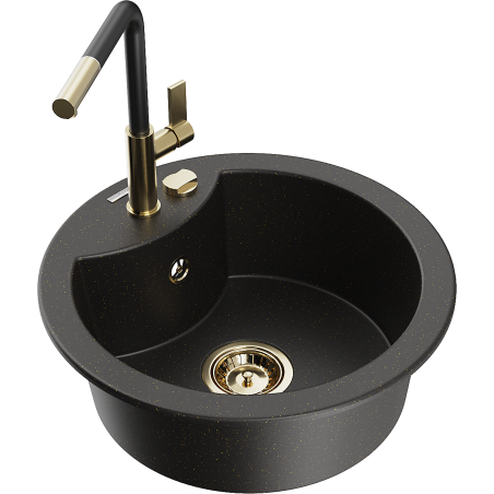 Mexen Diego Granitspüle 1-beckig mit Küchenarmatur Flora, schwarz/goldener Metallic - 6512-75-670401-57-G