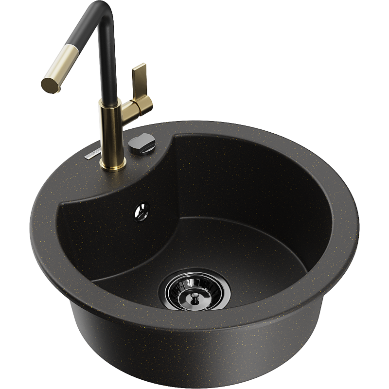 Mexen Diego 1-bowl granite sink with Flora kitchen tap, black/gold metallic - 6512-75-670401-57-B