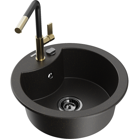 Mexen Diego 1-bowl granite sink with Flora kitchen tap, black/gold metallic - 6512-75-670401-57-B