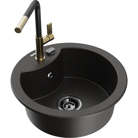 Mexen Diego fregadero de granito de 1 cubeta con grifo de cocina Flora, negro/oro metálico - 6512-75-670401-57-B