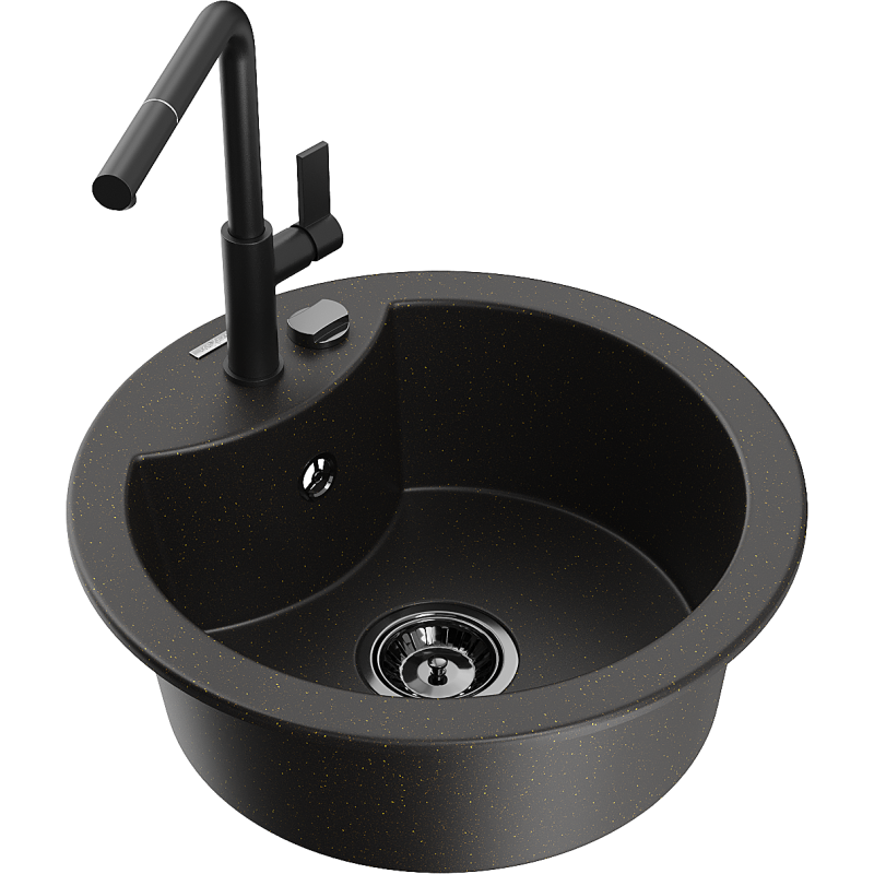 Mexen Diego fregadero de granito de 1 cuenca con grifo de cocina Flora, negro/dorado metálico - 6512-75-670401-70-B