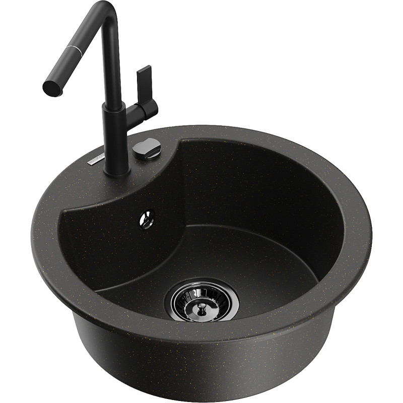Mexen Diego granitische gootsteen met 1 bak en keukenkraan Flora, zwart/goud metallic - 6512-75-670401-70-B