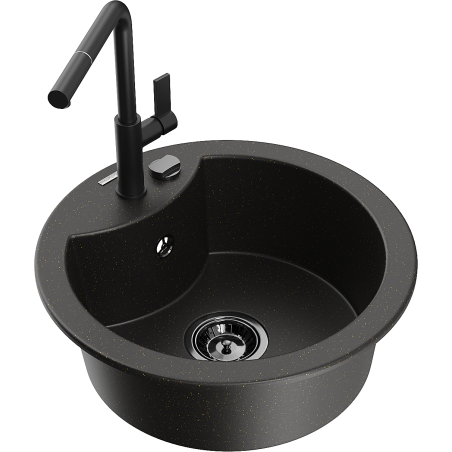 Mexen Diego 1-bowl granite kitchen sink with Flora kitchen tap, black/gold metallic - 6512-75-670401-70-B