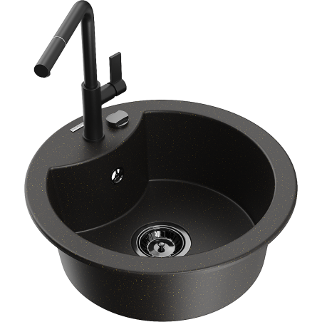 Mexen Diego lavello in granito a 1 vasca con rubinetto da cucina Flora, nero/oro metallizzato - 6512-75-670401-70-B