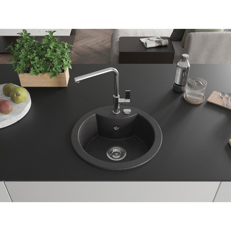 Mexen Diego single-bowl granite kitchen sink with Flora tap, speckled black - 6512-76-670401-00