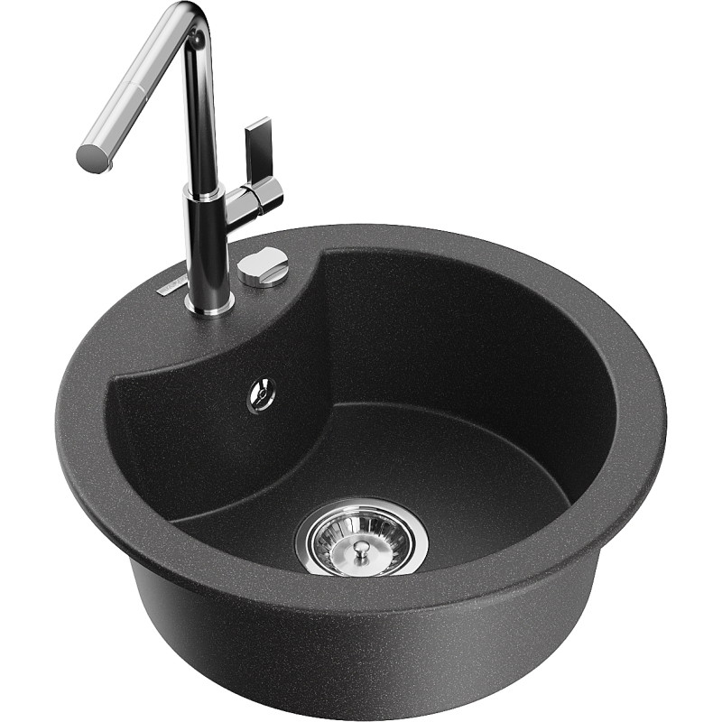 Mexen Diego granieten spoelbak met 1 bak en keukenkraan Flora, zwart gespikkeld - 6512-76-670401-00