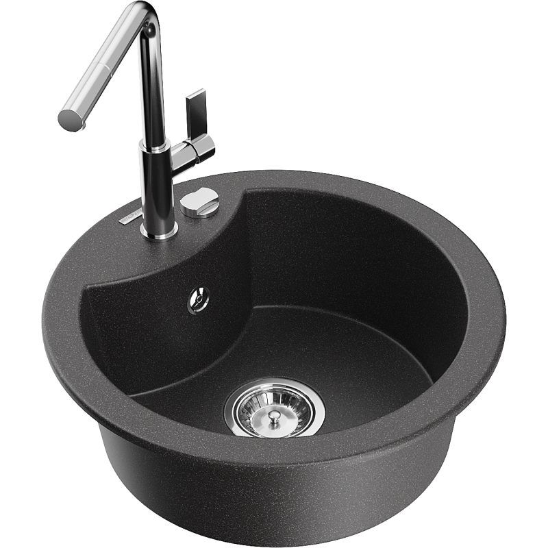 Mexen Diego single-bowl granite kitchen sink with Flora tap, speckled black - 6512-76-670401-00