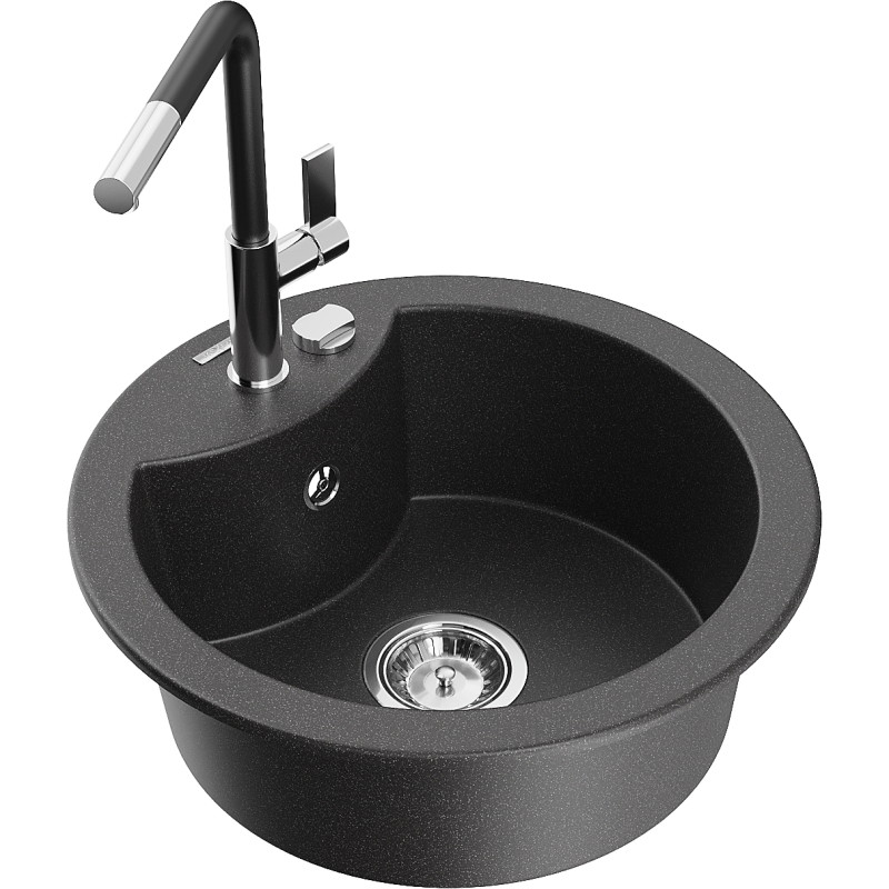 Mexen Diego fregadero de granito de 1 seno con grifo de cocina Flora, negro moteado - 6512-76-670401-07