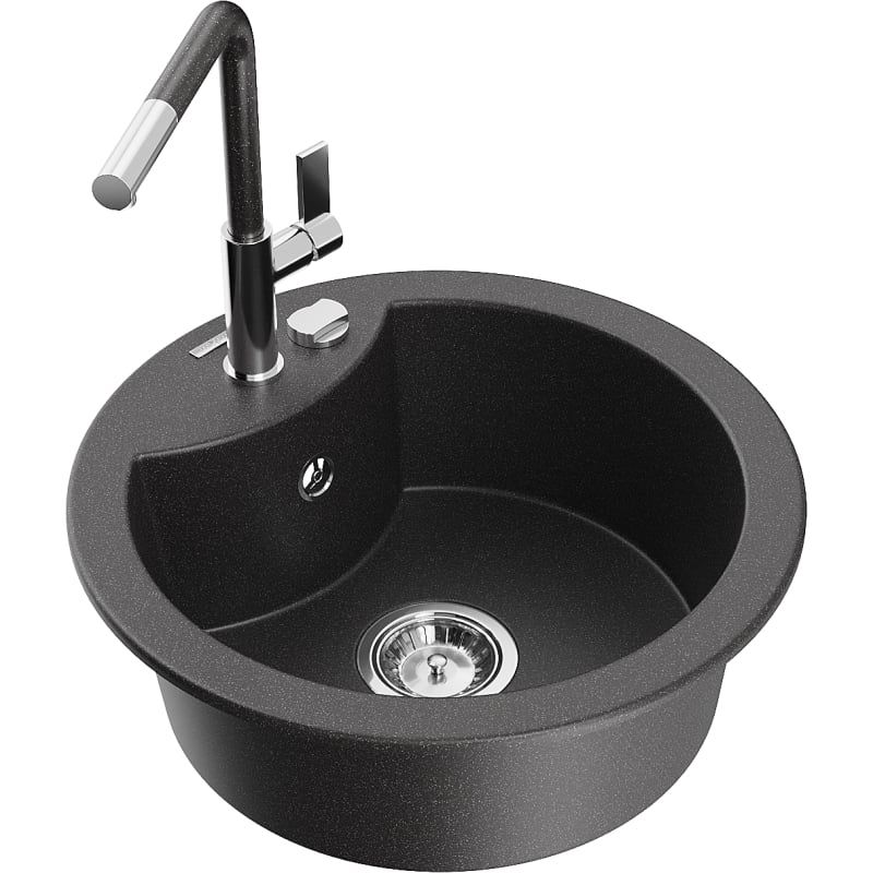 Mexen Diego granite single-bowl kitchen sink with Flora faucet, speckled black - 6512-76-670401-08