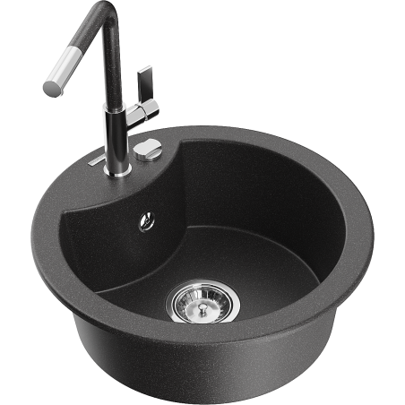 Mexen Diego fregadero de granito de 1 compartimento con grifo de cocina Flora, negro salpicado - 6512-76-670401-08