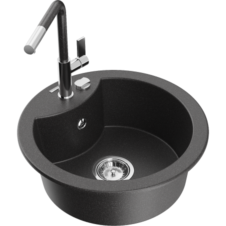 Mexen Diego granite kitchen sink 1-bowl with Flora kitchen tap, black speckled - 6512-76-670401-08