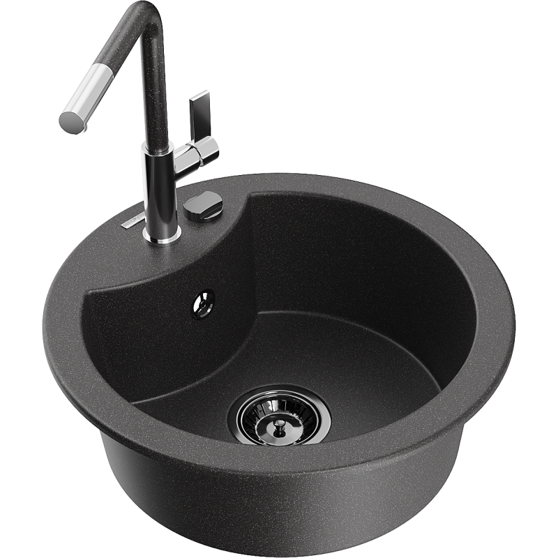 Mexen Diego 1-Bowl Granite Sink with Flora Kitchen Tap, Black Spotted - 6512-76-670401-08-B