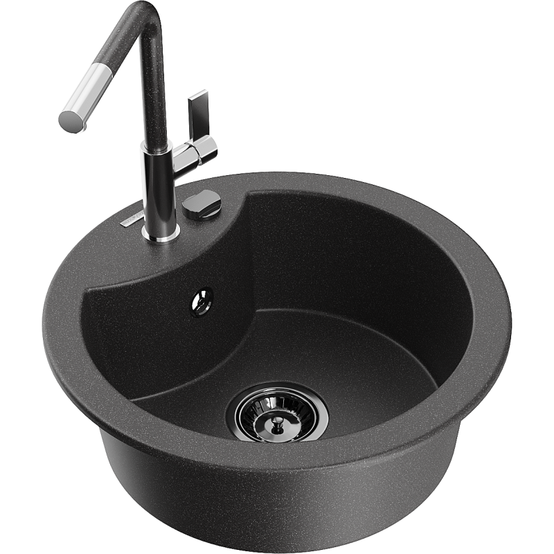 Mexen Diego graniittinen 1-allas keittiön pesuallas Flora-keittiöhana, musta pilkullinen - 6512-76-670401-08-B