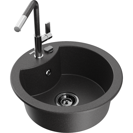 Mexen Diego 1-Bowl Granite Sink with Flora Kitchen Tap, Black Spotted - 6512-76-670401-08-B