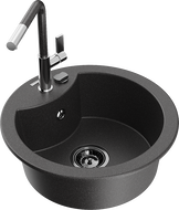 Mexen Diego 1-Bowl Granite Sink with Flora Kitchen Tap, Black Spotted - 6512-76-670401-08-B