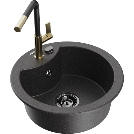 Mexen Diego 1-bowl granite sink with Flora kitchen faucet, black spotted - 6512-76-670401-57-B