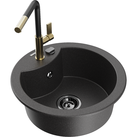 Mexen Diego 1-bowl granite sink with Flora kitchen tap, black speckled - 6512-76-670401-57-B
