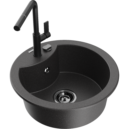 Mexen Diego 1-bowl granite sink with Flora kitchen tap, black speckled - 6512-76-670401-70-B