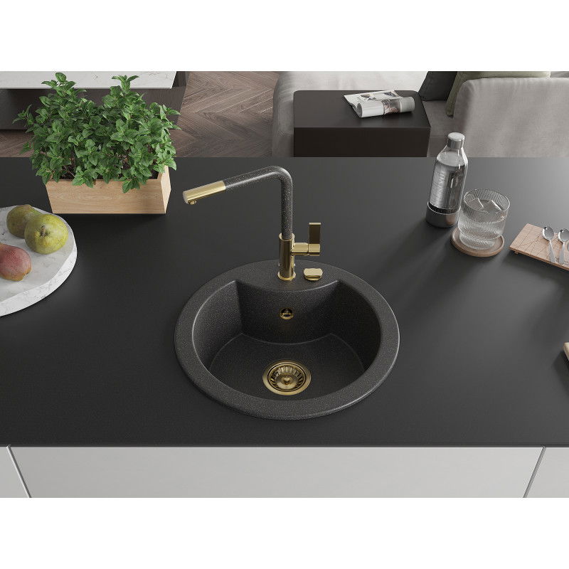 Mexen Diego Granite Sink Single Bowl with Flora Kitchen Mixer Tap, Black Speckled - 6512-76-670401-75-G