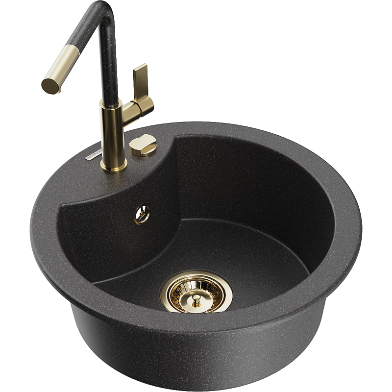 Mexen Diego lava-louça de granito de 1 cuba com torneira de cozinha Flora, preto salpicado - 6512-76-670401-75-G