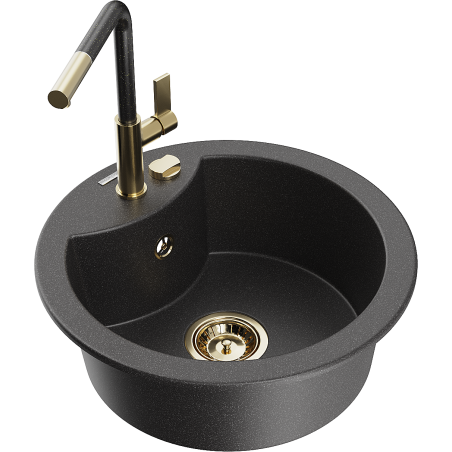 Mexen Diego Granite Sink Single Bowl with Flora Kitchen Mixer Tap, Black Speckled - 6512-76-670401-75-G