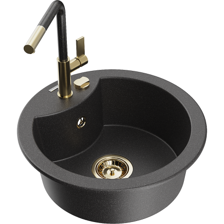 Mexen Diego Granitspüle 1-Bowl mit Küchenarmatur Flora, schwarz gesprenkelt - 6512-76-670401-75-G