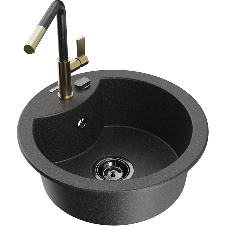Mexen Diego granite kitchen sink 1-bowl with Flora kitchen faucet, black speckled - 6512-76-670401-75-B