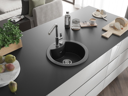 Mexen Diego granite kitchen sink 1-bowl with Flora kitchen tap, black - 6512-77-670401-00
