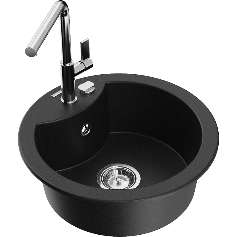 Mexen Diego lava-loiça de granito de 1 bacia com torneira de cozinha Flora, preto - 6512-77-670401-00