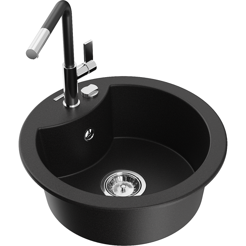 Mexen Diego Granite Kitchen Sink 1-Bowl with Flora Kitchen Tap, Black - 6512-77-670401-07